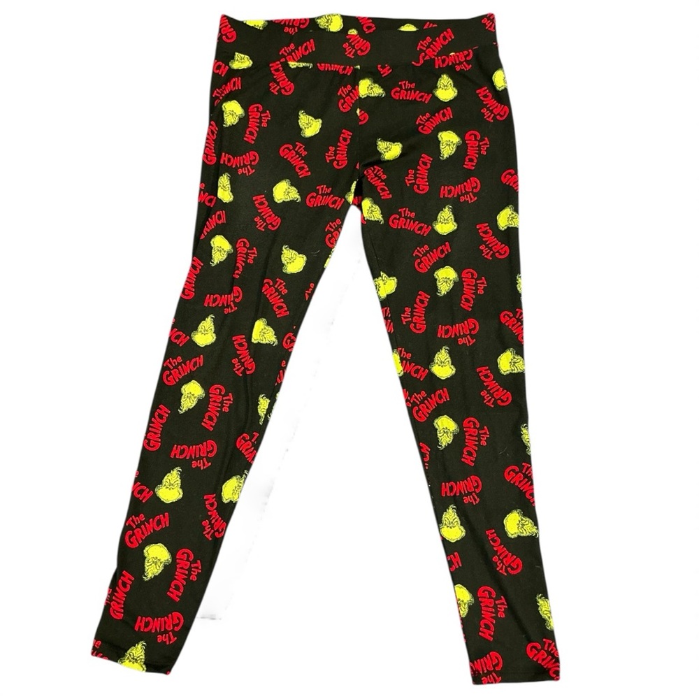 Festive Grinch Print Leggings - Black, Red, and Yellow